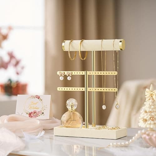 bussdis 2 Tier Bracelet Holder Display - Detachable T Bar Beige Velvet Bracelet Holder, Jewelry Holder Organizer for Bracelet, Necklace, Earrings, Rings thumbnail 2