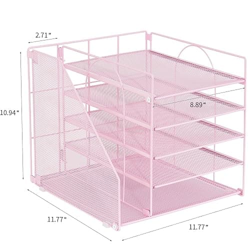 LEKETREE Desk Organizers and Accessories, 5-Tier Paper Letter Tray Organizer with File Holder, Desktop Organizer for Office Supplies (Pink) thumbnail 3