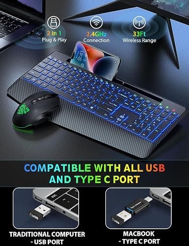Wireless Keyboard and Mouse Backlits, Wrist Rest, LED Mouse, Rechargeable Ergonomic Keyboard with Phone Holder, Silent Light Up Combo for Computer, Mac, PC, Laptop, Chromebook (Black) thumbnail 5