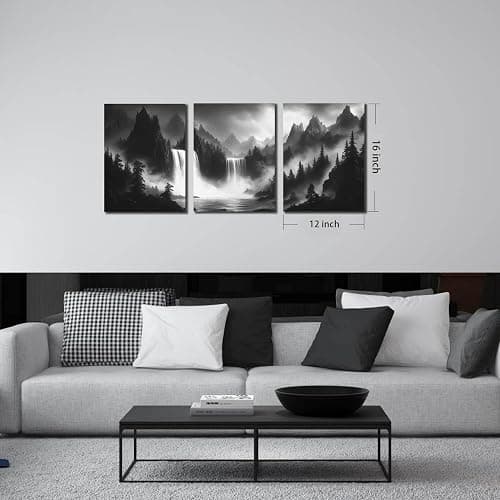 CIRABKY Foggy Forest Wall Art for Living Room - Mountains Canvas Wall Art for Office - Black and White 3 Piece Wall Decor Size 12" x 16" thumbnail 7