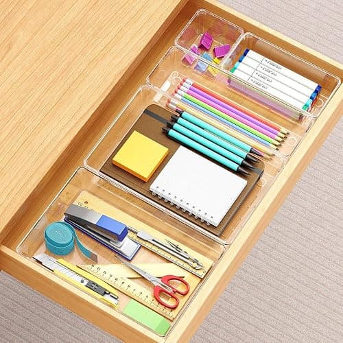 Manalete 65 Pcs Clear Plastic Drawer Organizer, Makeup & Vanity Organizer | 4-Size Versatile Desk Organizer & Storage Bins for Kitchen, Bathroom, Office, Jewelries, Easy Clean, Stackable, BPA-Free thumbnail 5