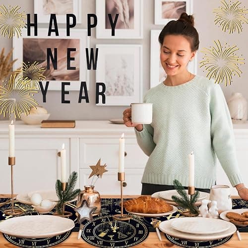 6 Pcs Plastic Happy New Year 2026 Table Runners - 14" x 108" Fireworks Balloon Christmas Winter Party Decoration - Black Gold Stars Clock Disposable Table Runner for Happy New Year Winter Table Decor thumbnail 2