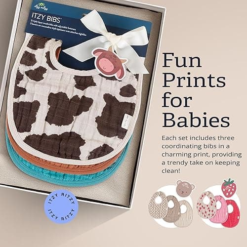 Itzy Ritzy Set of 3 Baby Bibs - Ultra-Soft Adjustable Infant & Toddler Bibs Made of Triple-Layer Cotton Muslin, Ideal for Drooling, Teething, & Eating - 3 Stylish, Coordinating Prints (Cow Print) - Cow Print thumbnail 7