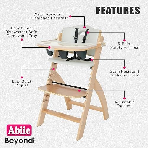 Abiie Beyond Junior Wooden High Chair with Tray - Adjustable and Convertible High Chair for Babies and Toddlers - 6 Months to 250 Lb - Water Resistant - Natural Wood/Dove Grey Cushion thumbnail 2