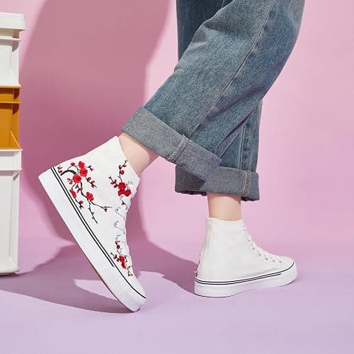 kufeiti Women's High Top Canvas Sneakers Canvas Shoes Lace up White Black Sneakers Casual Walking Shoes thumbnail 2