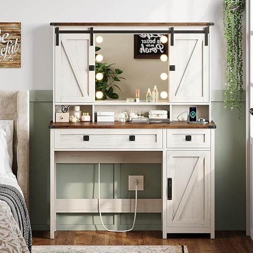AOGLLATI Makeup Vanity with Lights & Barn Doors, Vanity Desk with Mirror and Lights & Charging Station, Farmhouse White Vanity Table with Jewelry Hooks and Open Storage Shelves thumbnail 7