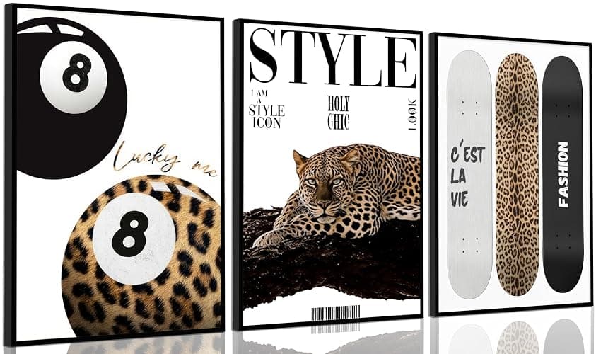 3Pcs Trendy Leopard Wall Art Preppy Aesthetic Stylish Leopard Painting Picture Wall Decor Funky Lucky 8 Ball Cheetah Poster Print Artwork for Bedroom Living Room Bathroom Home Decoration Unframed - Image 1