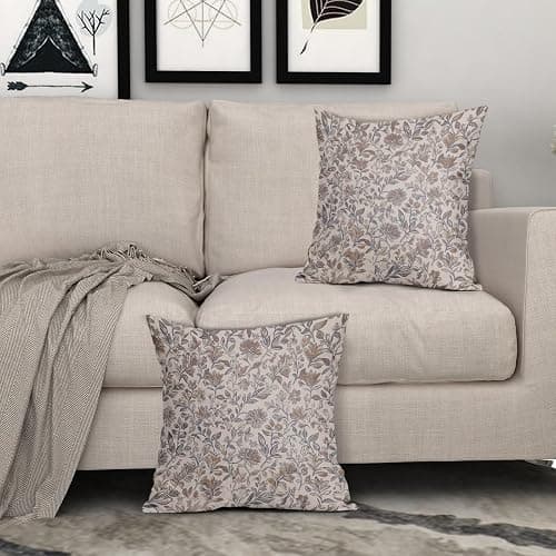 Vintage Floral Pillow Covers 18x18 Inch Set of 2 Antique Flower Block Print Throw Pillow Covers Brown Neutral Traditional Square Cushion Case Decoration for Couch Home Decor thumbnail 2