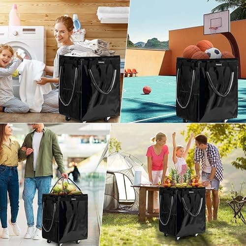 (Large, Black) Reusable Grocery Bag on 5 Wheels, Foldable Rolling Tote Carries Up to 76lb Shopping Trolley, Rolling Bag with 3 Handles, Zipper Clouser Rolling Tote Bag with Wheels for Laundry thumbnail 5