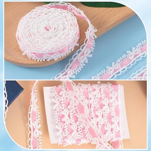 SmallCat 2 Yards Pink Lace Ribbon, Bow Lace for Crafts, Vintage Pink Laces, Stretch Laces Trim for Wrapping, Bouquet Packaging, DIY Crafts, Wedding Decorations, Party Decoration thumbnail 4