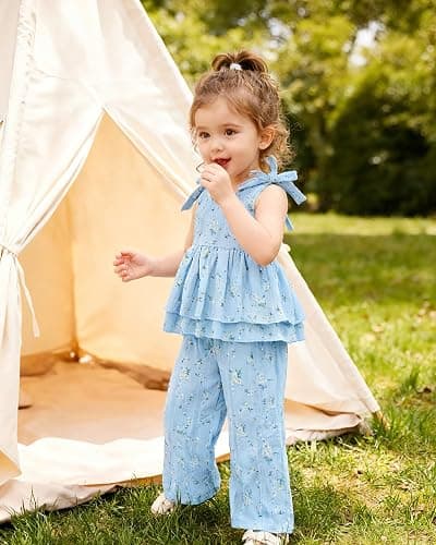SANMIO Toddler Baby Girl Clothes Floral Summer Outfits Ruffle Sleeveless Tops with Wide Leg Pants Clothing Set for 1-5T thumbnail 3