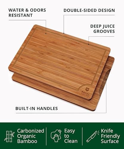 ROYAL CRAFT WOOD Wooden Cutting Boards for Kitchen Meal Prep & Serving - Bamboo Wood Serving Board Set with Deep Juice Groove Side Handles - Charcuterie & Chopping Butcher Block for Meat (3 Pcs) thumbnail 2