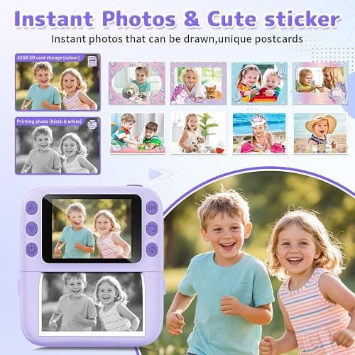 Instant Print Camera for Kids, Christmas Birthday Gifts for Girls Boys, 1080P Instant Digital Print Cameras for Toddler,Portable Toy for 4 5 6 7 8 9 10 Year Old Girl with 32GB SD Card，Purple thumbnail 3