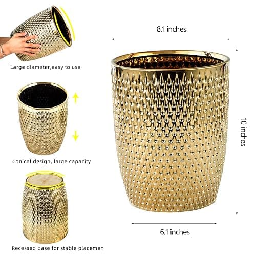 Modern Golden Small Trash Can Wastebasket, Garbage Container Bin for Bathrooms, Powder Rooms, Kitchens, Home Offices - Durable Ceramics - Round thumbnail 4