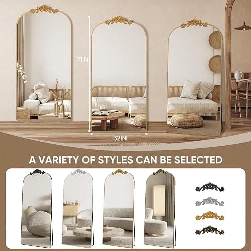 Antok Arched Full Length Mirror, 71"x32" Floor Mirror with Carved, Full Body Mirrors for HomeDecor, Standing/Halling Large Wall Mirror for Bedroom, Living Room, Cloakroom, Gold, Retro Style thumbnail 7