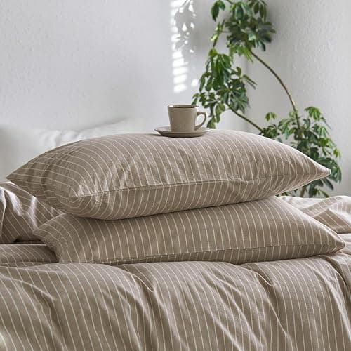 MooMee Bedding Pillowcases Striped Pack of 2 100% Washed Cotton Linen Like Textured Breathable Durable Soft Comfy (Tannish Linen Grey White Wide Stripes, Standard) - Image 1