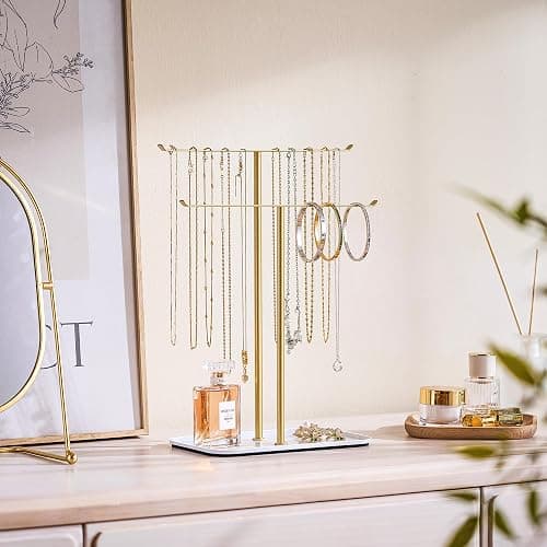 Jewelry Organizer Stand Necklace Holder – 2‑Tier T‑Bar Jewelry Display Tree with Tray for Countertop Necklace Bracelet Earring Storage, Vanity Dresser Bathroom Sink, Gold thumbnail 4