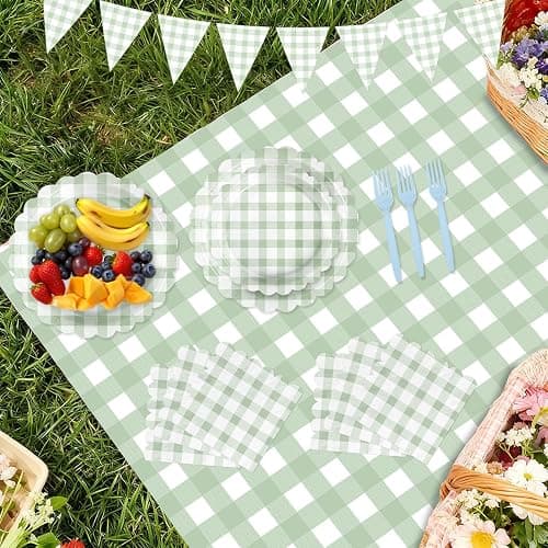 102 PCS Sage Green Gingham Party Supplies - Scalloped Plates, Napkins, Cups, Forks, Banner, Gingham Tablecloth for Baby Shower, Wedding, Birthday, Serves 25 thumbnail 6