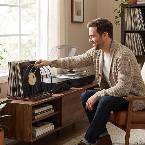 UUOBQN Wooden Vinyl Record Storage Holder, Brown | Record Stand Organizer for Vinyl Records & LPs, Magazine Holder, CD Storage, DVD Storage, CD Holder, Album Organizer Shelf thumbnail 8
