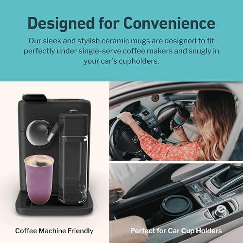NOVA CERAMICS Coffee Travel Mug – Cup Holder Friendly Travel Mug– Microwave & Dishwasher Safe White & Purple Tumbler - Coffee Mug Fits In Cup Holder – 16oz – Astral Bloom thumbnail 7