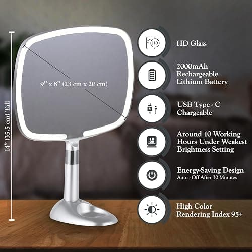MIRRORVANA Lighted Travel Handheld Mirror - 2-in-1 Table & Hand Mirror with 3 Lighting Modes, Detachable Stand, and Comfy Handle for Make Up & Skin Care Application - 13" x 9" (Shiny Silver) - Silver thumbnail 3