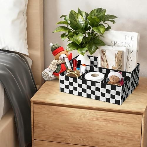 BinWhiz 2-Pack Checker Pattern Woven Bins, 16” Ribbon Metal Wire Desk Organizer, Drawer Dresser Baskets, Countertop Toilet Paper Storage Containers (Black & White) thumbnail 6