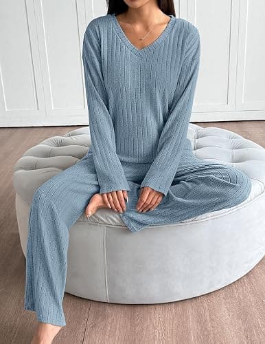 Ekouaer Lounge Sets for Women Long Sleeve Knit Ribbed Pajama Sets 2 Piece Casual Loungewear with Pockets thumbnail 4
