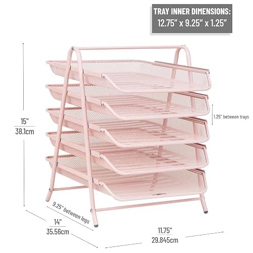 Mind Reader 5-Tier Paper Tray Organizer, Vertical Desktop File Storage Rack, Office, Metal Mesh, Pink thumbnail 2