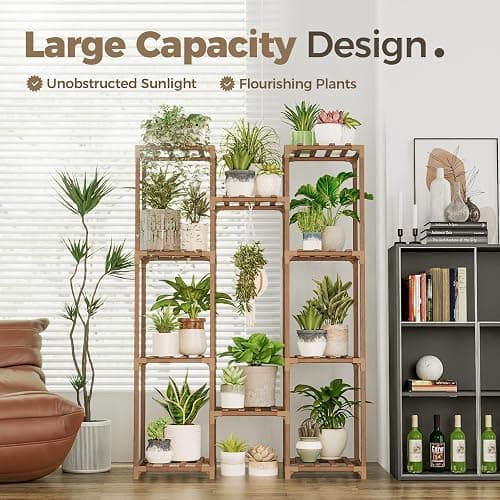 Bamworld Plant Stand Indoor Outdoor Tall Plant Shelf for Multiple Plants Pots Wood Flower Stand Large Flower Holder for Living Room, Patio, Balcony, Garden Decor, Brown thumbnail 3