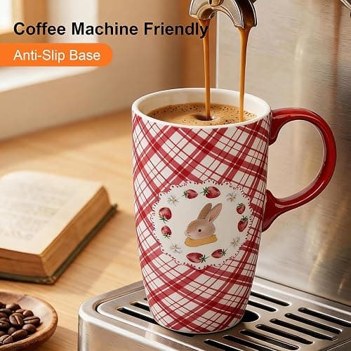 Topadorn Coffee Mug with Gift Box – 17 Oz Ceramic Travel Mug, Cute Bunny Cup with Spill-Proof Lid, Microwave & Dishwasher Safe, Pink Grid Rabbit Design thumbnail 4