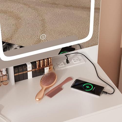 Vabches Vanity Makeup Mirror Desk with Stool,Makeup Vanity Set with 6 Drawers and Shelves,Vanity Table with Power Strip,Vanity Mirror 3 Lighting Color Adjustable,White thumbnail 8