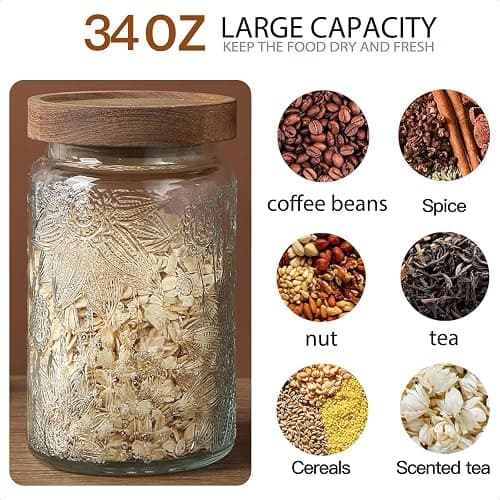 34 OZ Airtight Glass Storage Jar with Bamboo Lid - Vintage Glass Jar Vintage Food Containers Canisters Set for Kitchen Counter & Pantry - Ideal for Sugar, Flour, Coffee, Tea, Candy, Oats -2 Pack thumbnail 4