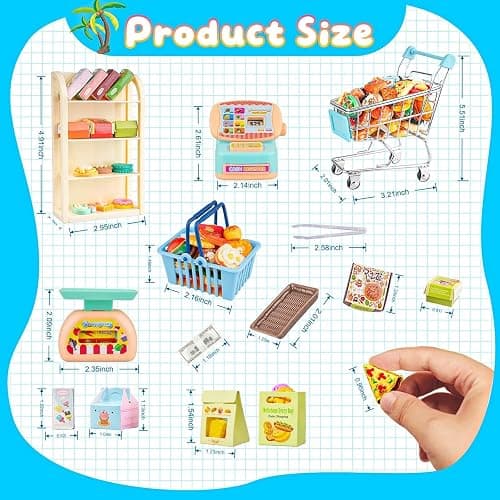 196Pcs Mini Shopping Cart Basket Trolley Grocery Game Model Miniature Drink Bottle Food Pizza with Box Supermarket Metal Handcart Toy Doll House Store Cosplay Pretend Kitchen Shelf Cash Register thumbnail 3