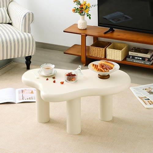 Mordchil HF 34"(L) Cloud Coffee Table, Modern Wood Coffee Table for Living Room, Accent Unique Center Tables with 3 Legs, Small Tea Tables for Balcony, Patio, Bedroom, Cream White thumbnail 5