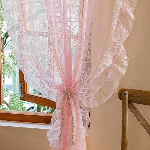 TUDECO Pink Lace Curtains 84 Inch Long, Romantic Ruffle Edges, 2 Panels | Light Pink, Coquette Princesscore Look, Vintage Floral, Bedroom Living Room Decor, Soft Light Filtering, Semi-Privacy thumbnail 5