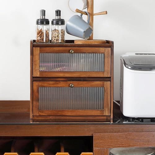Sunhoo Bread Box for Kitchen Countertop Wooden Bread Storage Container Bin 2 Layer Breadbox Holder Large Capacity Keeper Vintage Farmhouse Food Organizer Pantry Shelf Acrylic Window (Brown) thumbnail 2