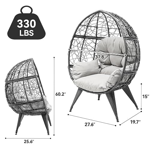 YITAHOME Oversized Wicker Egg Chair for Indoor and Outdoor Use with Stand, Cushion, and Leveling Feet, Large Lounger for Patio, Garden, Backyard, Balcony, Supports up to 330lbs, Grey - Grey - Single seat thumbnail 2