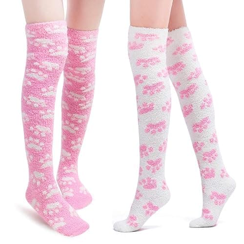 Littleforbig Cute Coral Fleece Thigh High Long Paws Pattern Socks 2 Pairs - Image 1