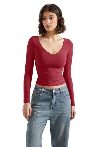 SUUKSESS Women Double Lined Casual V Neck Crop Tank Tops Basic Long Sleeve Shirts thumbnail 2