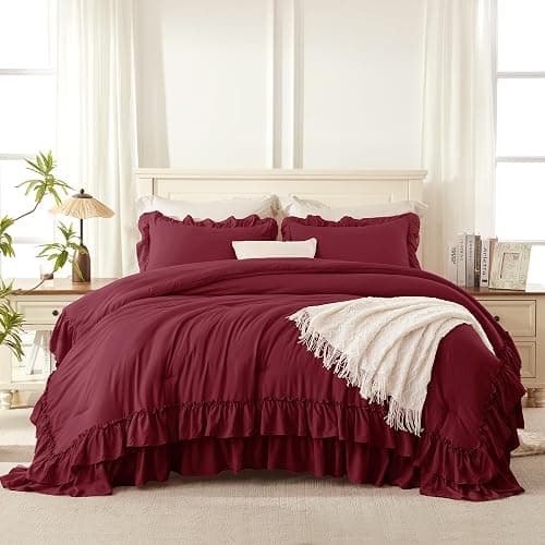 Andency Burgundy Comforter Set Queen Size, Lightweight Fluffy Farmhouse Ruffle Bedding Set, Soft Microfiber All Season Shabby Chic Bed Comforter Set 3 Pieces(1 Comforter 2 Pillowcases) thumbnail 2