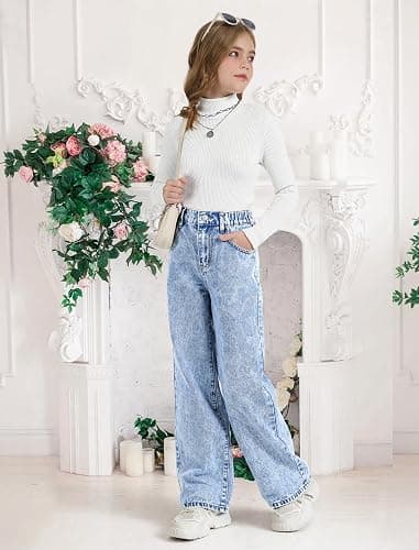 Fulihug Girls Wide Leg Jeans Baggy Bow Embroidery High Elastic Waist Denim Pants Cute Y2K Trendy Tween Streetwear 8-16Y thumbnail 3