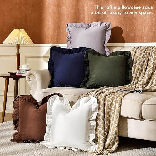 AmHoo Pack of 2 Throw Pillow Covers 100% Cotton Pre Washed Ruffle Decorative Pillowcase Cushion for Couch Sofa Bedroom 18 x 18-Inch Cream White thumbnail 6