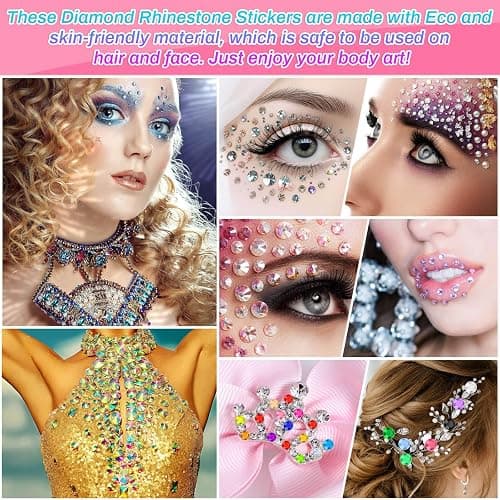 2800 Pcs Self Adhesive face Rhinestones gems Stickers in 20 Colors, 6 Sizes Stick on Jewels for Body, Face, Hair and Craft DIY Decorations(3/4/5/6/8/10mm) thumbnail 5