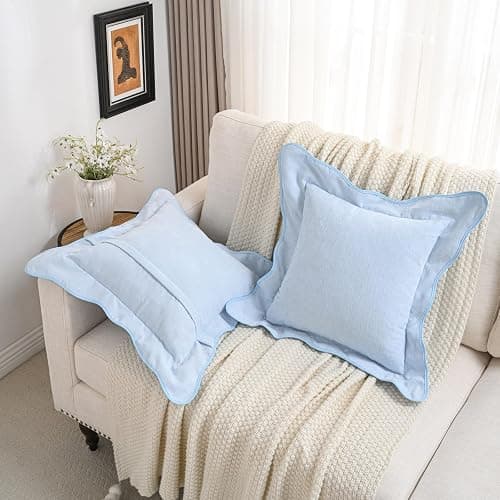 FUTEI Light Blue Decorative Throw Pillow Covers 18x18 Inch Set of 2,Double Stitch Scalloped Bordered Soft Chenille Cushion Cases,Modern Home Decor for Couch Bed Living Room thumbnail 5