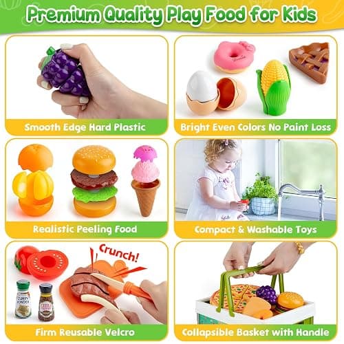 78Pc Pretend Play Food for Kids Kitchen, Cutting Toy Food with Storage Basket, Play Kitchen Accessories, Food Toys with Veggies, Fruits, Fake Food with Pizza Toy, Pretend Food, Boys Girls Gift thumbnail 3