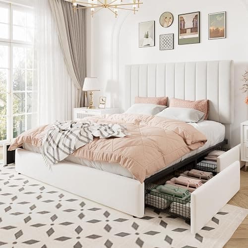 Allewie Full Size Storage Bed Frame, Vertical Channel Tufted Adjustable Headboard, Velvet Upholstered Platform Bed with 4 Oversized Underbed Drawers, Wooden Slats Support, No Box Spring Needed, White thumbnail 9