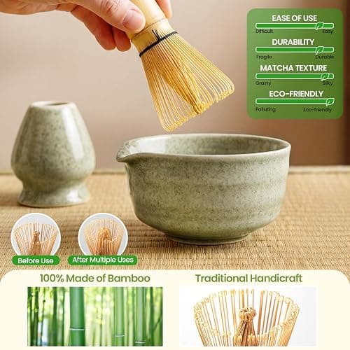 5 PCS Matcha Whisk Set, Green Matcha Set Includes Bamboo Chasen Whisk, Ceramic Tea Bowl, Scoop, Strainer and Matcha Whisk Holder, Handcrafted Japanese Tea Set Matcha Kit for Matcha Lovers thumbnail 6