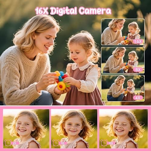 Digital Camera 1080P 44MP Vlogging Camera for Kids Teens, FHD Compact Portable Photo Camera with 2.4" Screen 16X Zoom, Anti-shake Mini Camera for Beginners Students Boys Girls-Pink（No SD Card) thumbnail 3