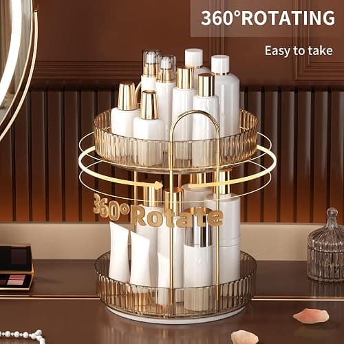YCIA&DONE 360 Rotating Makeup Organizer and Storage for Vanity Countertop 2 Tiers, High Capacity Cosmetic Skincare Perfume Organizers for Dresser Bathroom Lazy Susan (Amber Gold) thumbnail 4
