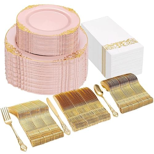 Ciaell 300PCS Pink and Gold Plastic Plates - Pink Disposable Dinnerware Sets for 50 Guests - 100 Plates, 50 Knives, 50 Forks, 50 Spoons, and 50 Napkins for Wedding, Anniversary & Party - Image 1